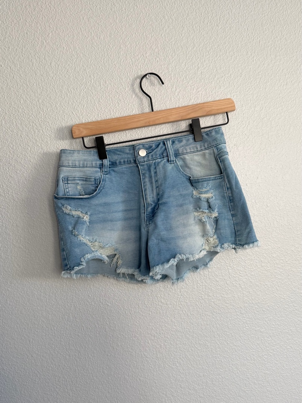 Light Blue Distressed Denim Shorts - Women